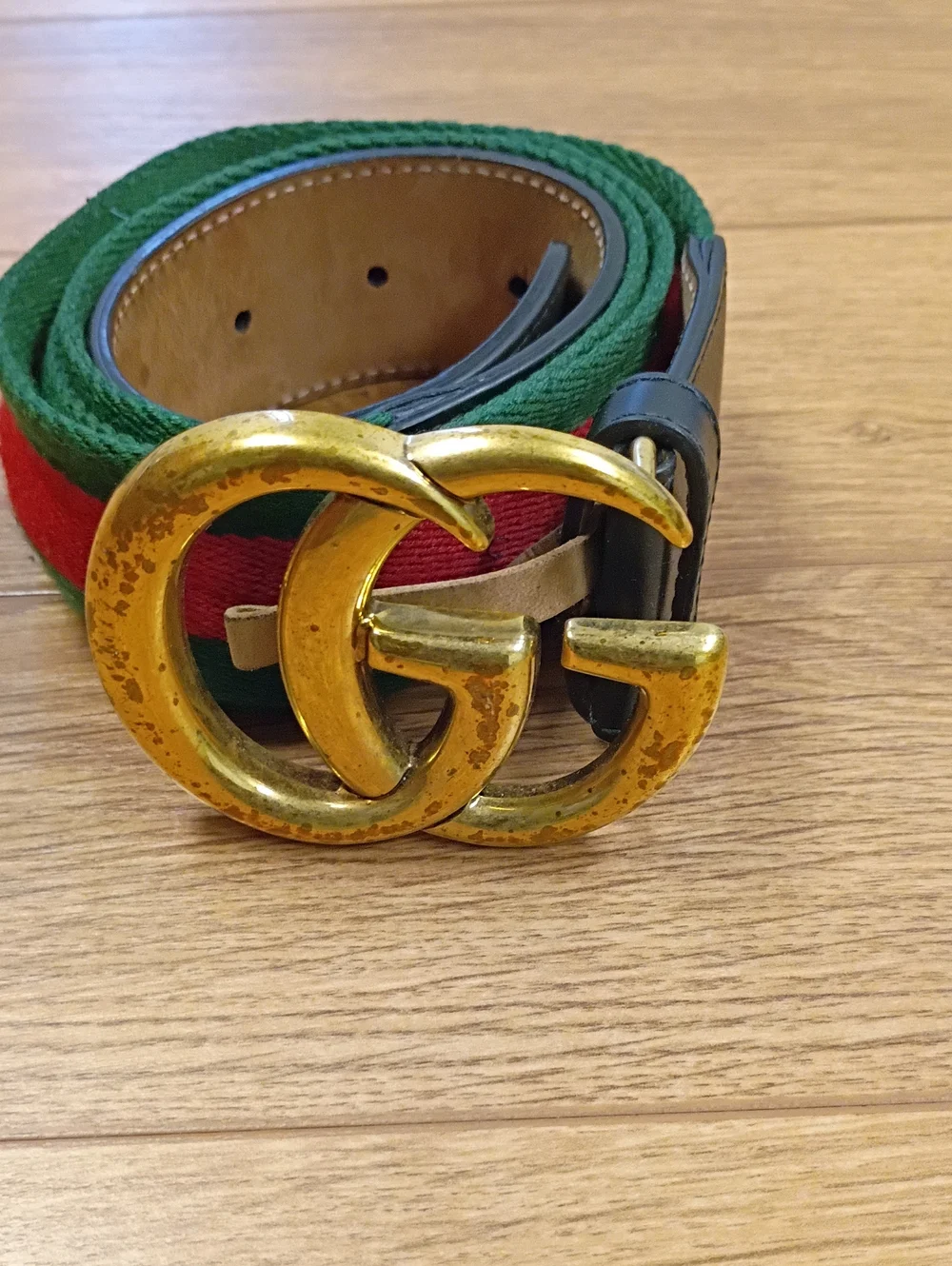 Gucci Green and Red Web Belt with Aged Gold Double G Buckle 95-38